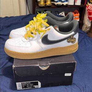 White and Black  Nike Air Force One Sneakers with Yellow Accents